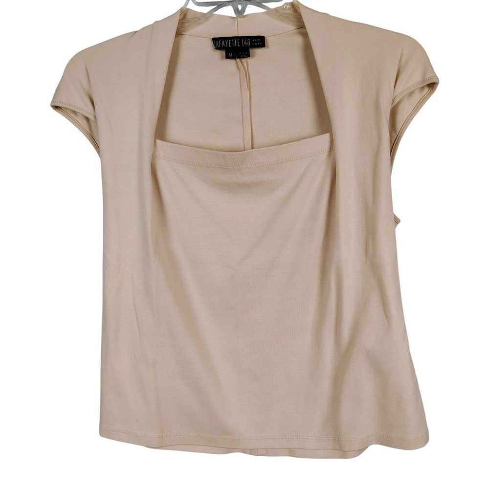 Lafayette 148 Womens M Cap Sleeve Layered Square Neck Top Beige Cotton Minimal
